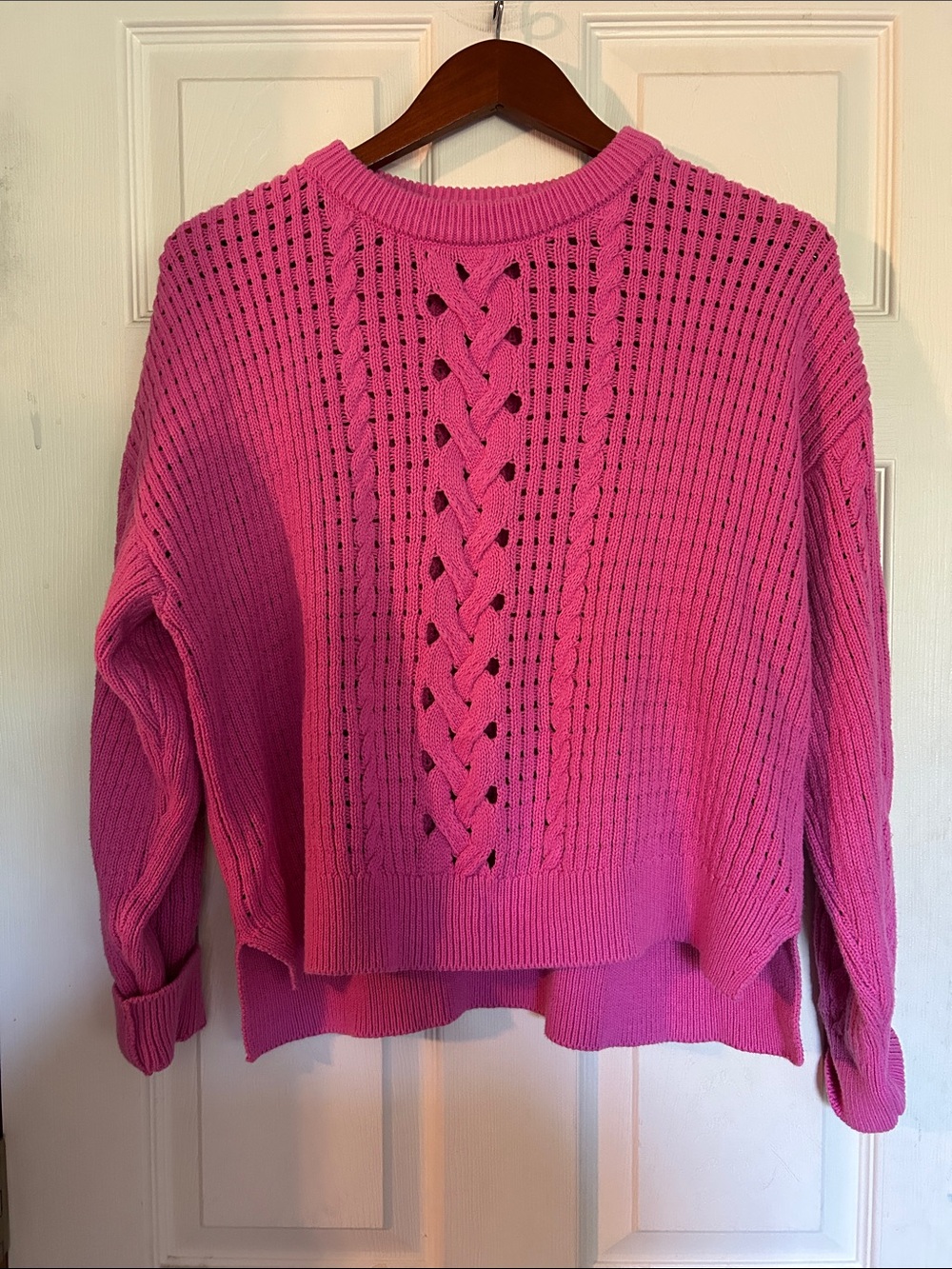 Bright Pink Openwork Cable-Knit Crewneck Sweater